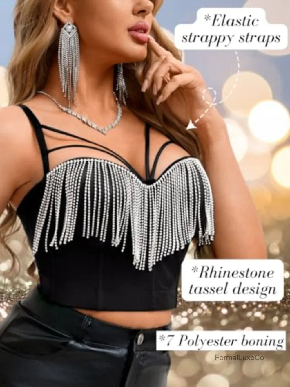 Rhinestone Fringe Strappy Corset Crop Top with Molded Cups Adjustable Straps